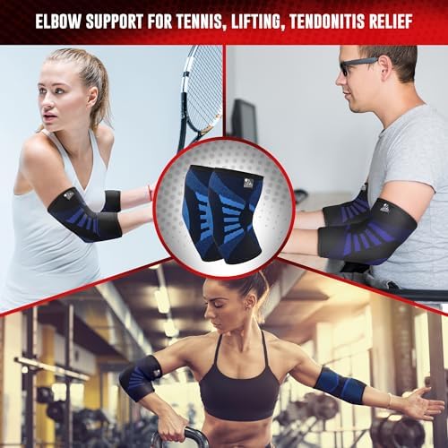 Elbow Compression Sleeves (1 Pair) - Elbow Brace for Tendonitis, Tennis & Golfers Elbow - Weightlifting Support for Men & Women - Pain Relief & Joint Recovery (2, Titan Blue, Small)
