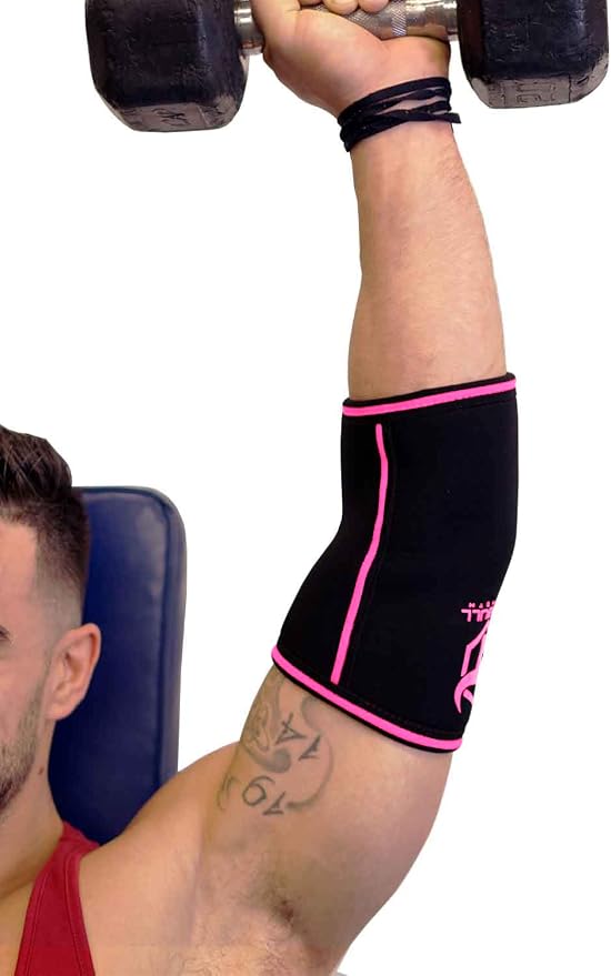 Elbow Sleeves 5mm (1 Pair) - High Performance Elbow Sleeve Support for Weightlifting, Weight Training & Powerlifting - Best Compression Straps - for Men and Women (Large, Black/Pink)