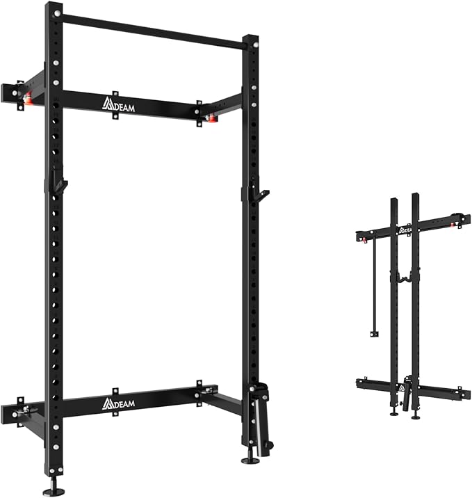 Mdeam Folding Squat Rack,2.36"x2.36" Wall Mounted Power Rack for Home Gym | Foldable Space-Saving,Heavy-Duty 1000LBS Capacity,with Pull-Up Bar, J-hooks,Landmine,Multi-Functional for Full-Body Training
