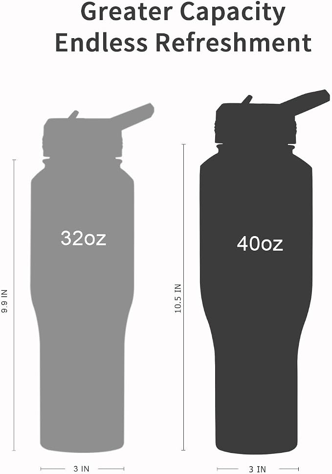 Trebo 40 oz Water Bottle Insulated Fit in Any Car Cup Holder with 2 Lids | Stainless Steel T-shape Tumbler with Paracord Handle, Triple Wall Vacuum Copper Plated, Cold 48 Hrs for Travel, Wide Mouth