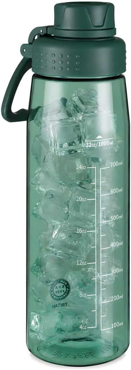 32oz Clear Water Bottle - BPA-Free Tritan Plastic, Fast Flow Spout Lid, Wide Mouth & Leakproof Design Hiking Water Bottle Suitable for Travel, Outdoors, Gym, Travel, Home, School(Dark Green)