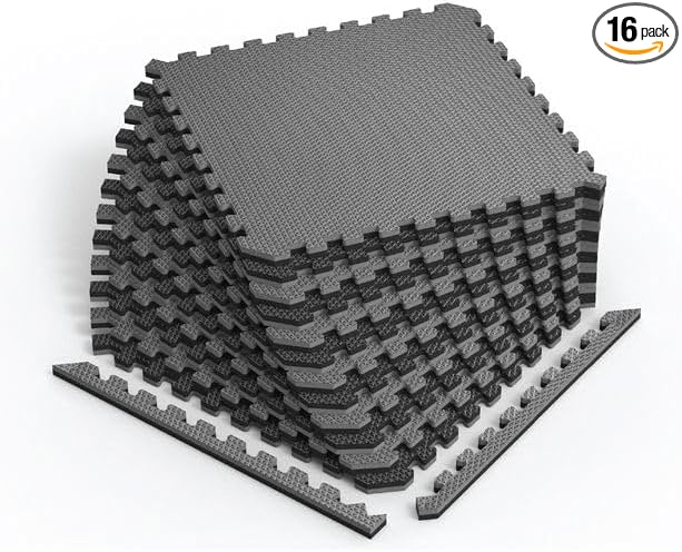 Reversible Gym Exercise Mats 3/4" Thick EVA Interlocking Foam Tiles, Perfect Gym Flooring for Home Gym, 16 Tiles & 32 Trim Pieces, 64 Sq. Ft. Reversible, Gray/Black