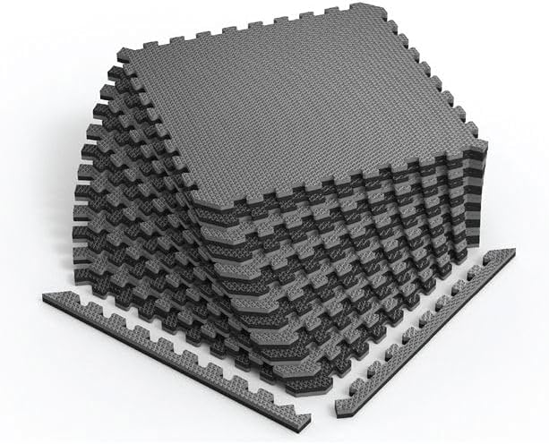 Reversible Gym Exercise Mats 3/4" Thick EVA Interlocking Foam Tiles, Perfect Home Gym Flooring, 28 Tiles & 56 Trim Pieces, 112 Sq. Ft. Reversible, Gray/Black