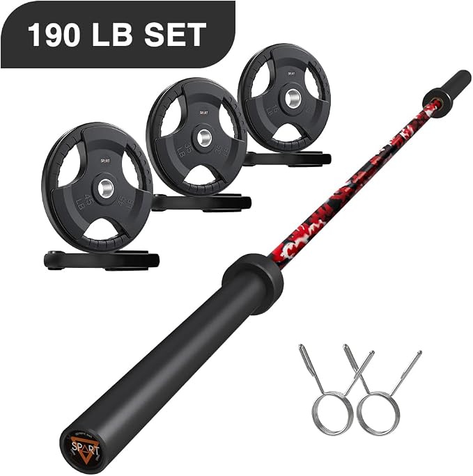 7FT Olympic Barbell Bar with Weight Plate Set Combo, Solid Olympic Bar with Bearings, 700Lbs Capacity Weight Bar for Home Gym Strength Training, Weightlifting, Powerlifting, Fit for 2" Olympic Plates