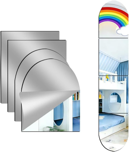 4-piece set of acrylic wall mounted mirrors,12x16 inch self-adhesive frameless square combined with curved makeup lenses, flexible plastic lenses for bedrooms, home use, gym doors (4pcs - 12‘’×16‘’)