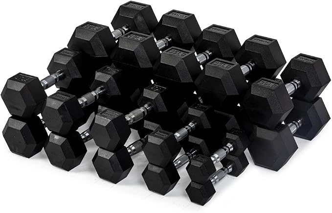 Titan Fitness Rubber Hex Dumbbells, 5 LB-50 LB Set of Pairs, Roll-Resistant Hexagonal Free Weights, Hex Dumbbell Set with Chrome-Coated Handles, Free Weight Set, Strength Training Equipment