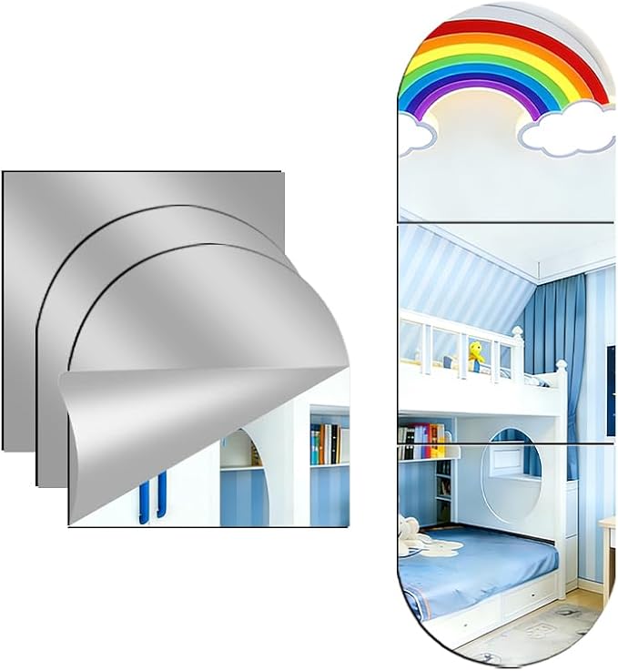 3-piece set of acrylic wall mounted mirrors, 18x18 inch self-adhesive frameless square combined with curved makeup lenses, flexible plastic lenses for bedrooms, home use, gym doors (3pcs - 18‘’×18‘’)