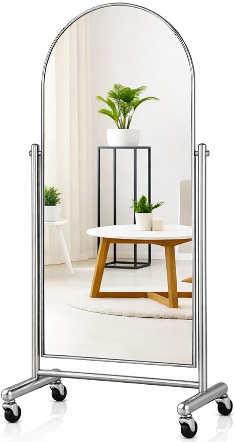 Arched Full Length Rolling Mirror on Wheels, 65"Lx24"W Large Modern Tilting Swivel Mirror with Tempered Glass & Metal Frame, Use for Dressing,Dance Studio,Fitness,Home Gym, Barbershop (Silver)
