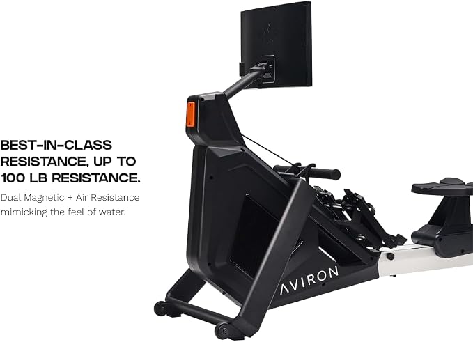 Strong Series Rower: 22" HD Touchscreen, Dual Air & Magnetic Resistance up to 100 lbs. Game-Based Workouts, Streaming, Compact Design, Black