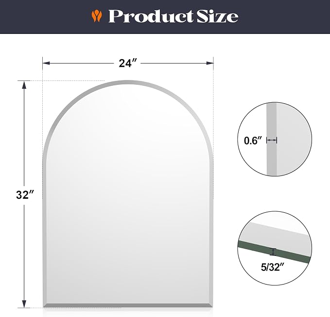 Frameless Bathroom Mirror, 24" x 32" Arched Vanity Mirror for Wall Beveled, Arch Wall Mounted Mirror for Bedroom, Entryways, Over Sink