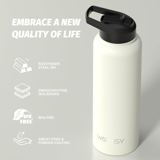 40oz Insulated Water Bottle (Cold for 48 Hrs),BPA Free&Leak Proof,Stainless Steel Water Flask,Water Jug with Straw Spout Lids for Gym,Hiking,Travel,White