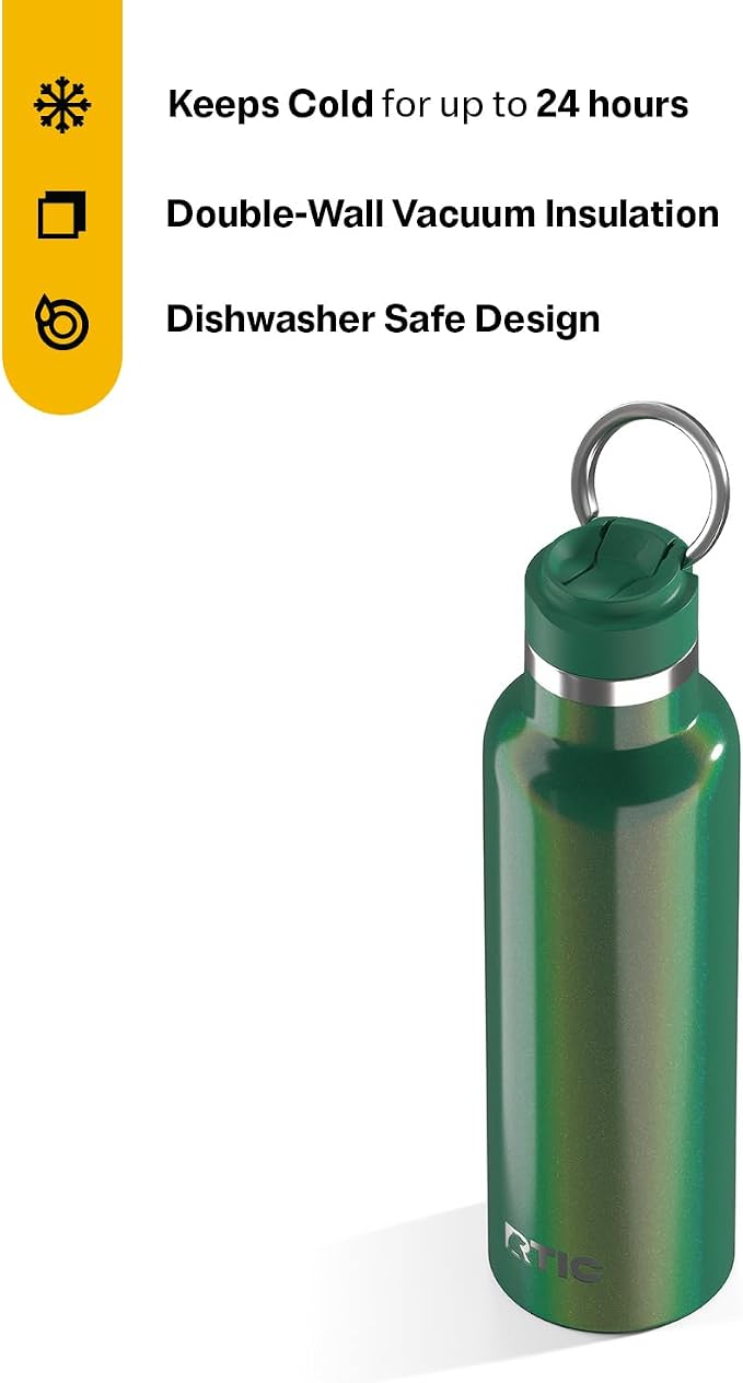RTIC 20oz Journey Water Bottle, Ceramic Lined, Pine Tree Glitter | Stainless Steel Metal, Insulated for Hot and Cold Drinks, Sports, Travel and Camping