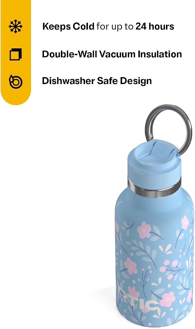 RTIC Little Journey Water Bottle with Straw, Ceramic-Lined, Insulated, Stainless Steel, Metal, Double Wall Vacuum-Insulation, Leak-Proof Lid, BPA-Free Water Flask for Sports, Travel, Blooming Blues