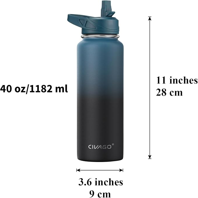 CIVAGO 40 oz Insulated Water Bottle With Straw, Stainless Steel Sports Water Cup Flask with 3 Lids, Double Walled Travel Thermal Canteen Mug, Red