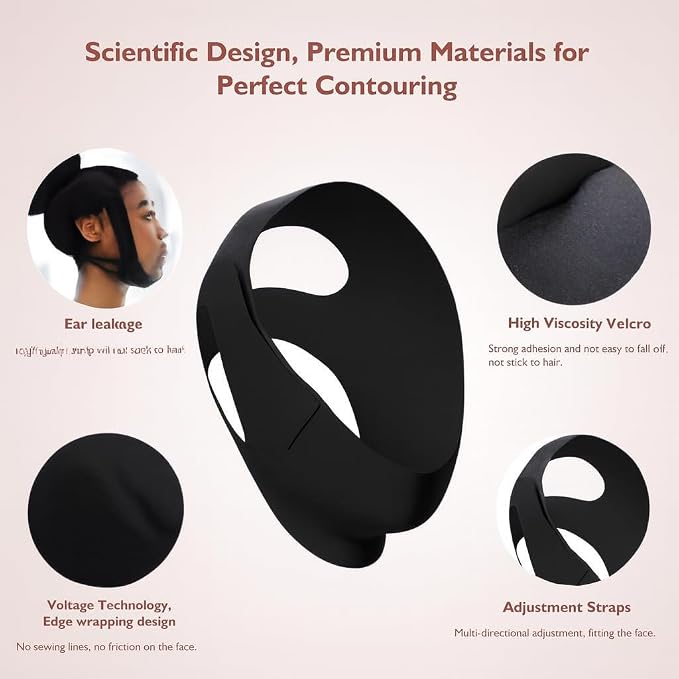Jawline Shaper Chin Strap for Sleeping, Reusable V-Line Mask for Women Face Lifting Made w/Electric-Hot-Press Tech for Skin-Friendly & Breathable Cooling Fabric (Pure Black, One Size)