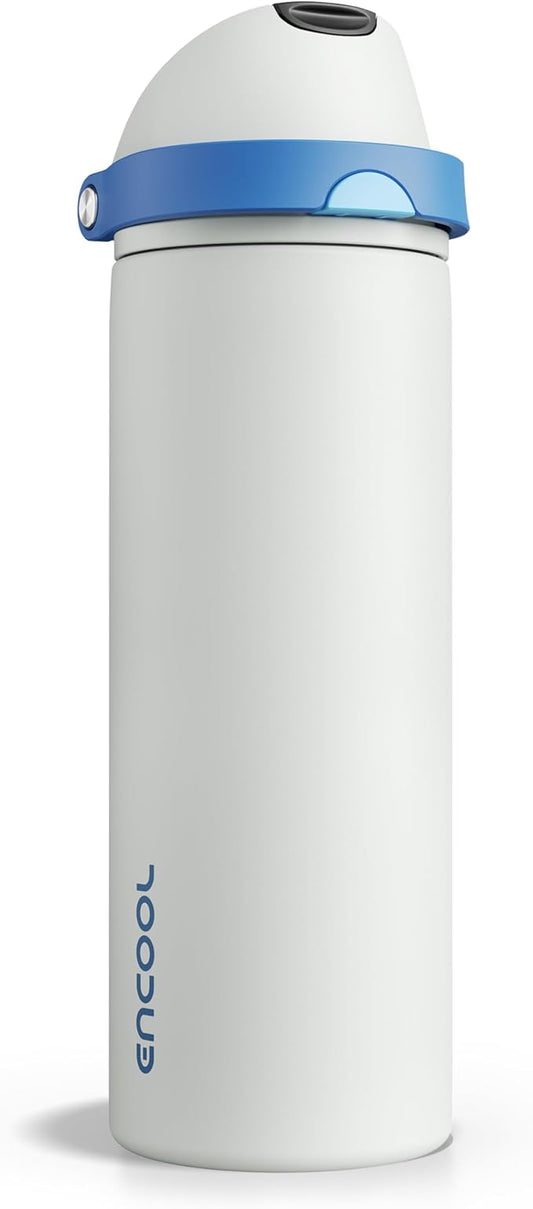 Insulated Water Bottle with Straw - Encool Stainless Steel Water Bottle with Push Button Lid, Leak-Proof & BPA-Free, Keeps Cold for 24 Hours for Sports, Travel, Gym (24 oz, Quill Grey-Blue)
