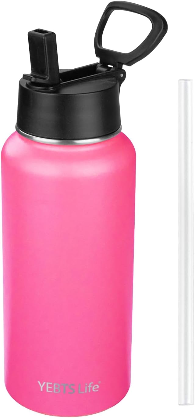 Insulated Water Bottle With Straw,32 oz Vacuum Insulated Stainless Steel Sports Water Flask,Keeps Cold and Hot,Metal Water Bottle Wide Mouth for Gym Travel Camping (Peach pink)