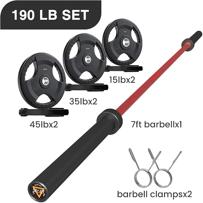 7FT Olympic Barbell Bar with Weight Plate Set Combo, Solid Olympic Bar with Bearings, 700Lbs Capacity Weight Bar for Home Gym Strength Training, Weightlifting, Powerlifting, Fit for 2" Olympic Plates