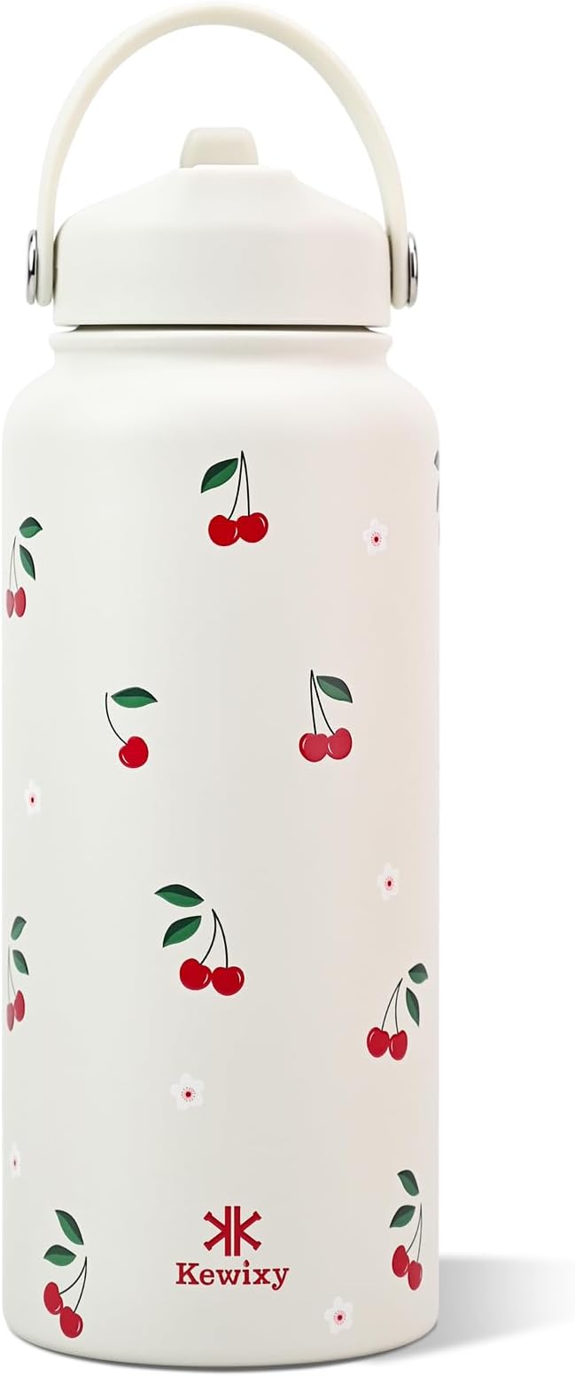 32 oz Insulated Water Bottle with Straw, Leak Proof Water Bottle Stainless Steel with Flip Straw and Handle, Metal, Reusable, Wide Mouth, for Travel, Gym and School (Cream Cherry)