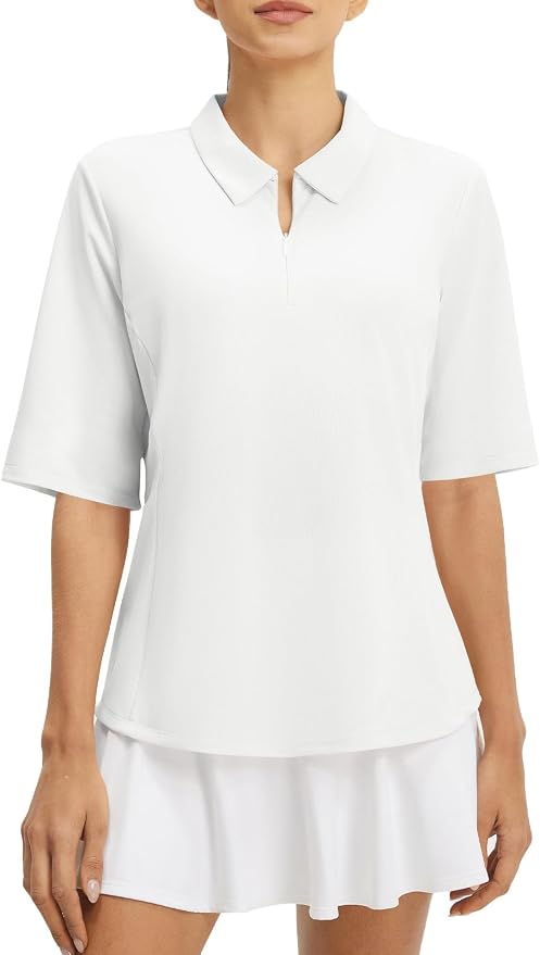 baleaf Womens Golf Shirts Half Sleeve Elbow Length Polo Tops | Stretch, Sun Protection UPF 50+, Quick Dry, Breathable, Moisture Wicking, Quarter Zip V Neck, Ideal for Golf Work Casual