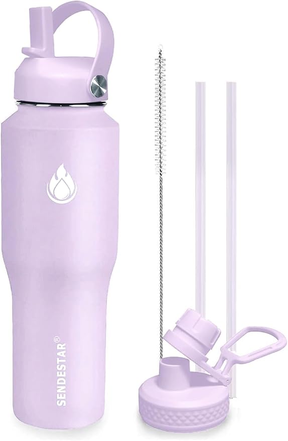 SENDESTAR 32oz Water Bottle Wide Mouth Stainless Steel Vacuum Insulated Double Wall with 2 Straw Lids Fit in Any Car Cup Holder