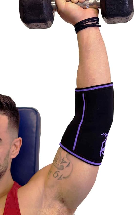 Elbow Sleeves 5mm (1 Pair) - High Performance Elbow Sleeve Support for Weightlifting, Weight Training & Powerlifting - Best Compression Straps - for Men and Women (Large, Black/Purple)