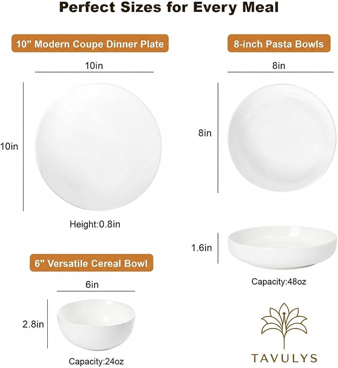 12-Piece New Bone China Dinnerware Set for 4, Lightweight White Plates & Bowls, Stackable, Microwave & Dishwasher Safe, 10" Dinner Plates, 8" Pasta Bowls & 6" Everyday Bowls