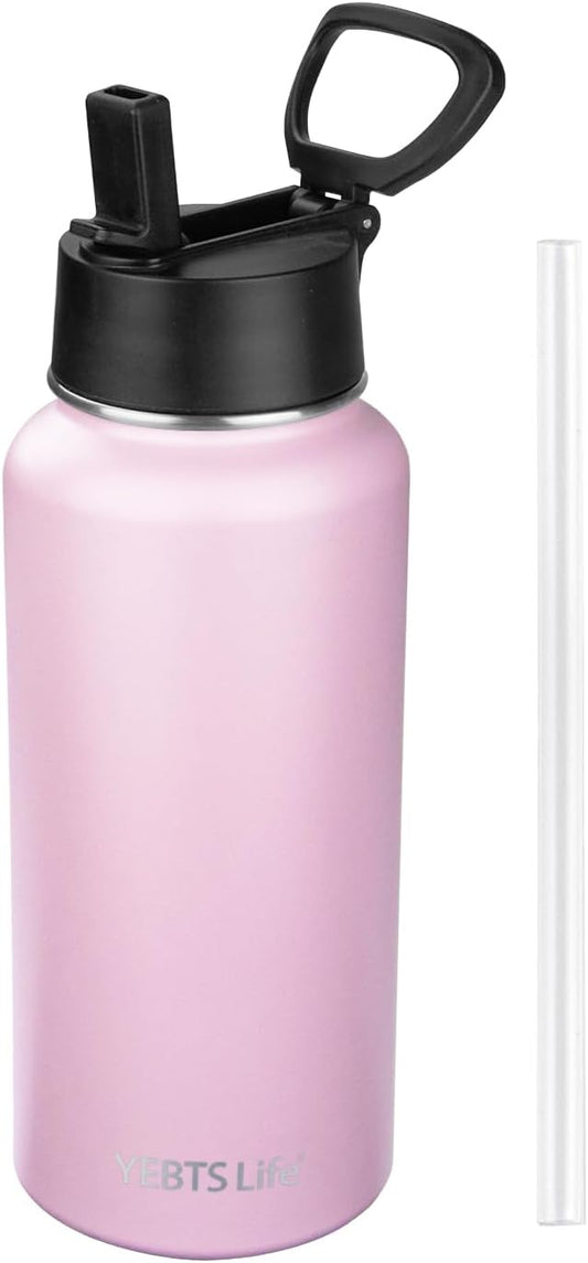 Insulated Water Bottle With Straw,32 oz Vacuum Insulated Stainless Steel Sports Water Flask,Keeps Cold and Hot,Metal Water Bottle Wide Mouth for Gym Travel Camping (Light pink)