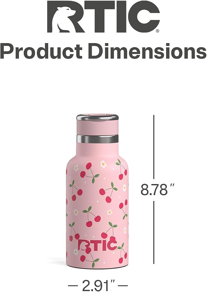 RTIC Little Journey Water Bottle with Straw, Ceramic-Lined, Insulated, Stainless Steel, Metal, Double Wall Vacuum-Insulation, Leak-Proof Lid, BPA-Free Water Flask for Sports, Travel, Sweet Cherries