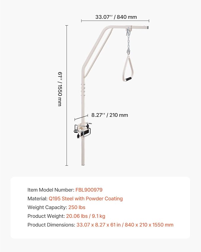 VEVOR Trapeze Bar for Bed Mobility, Medical Bed Trapeze with Clamps & Metal Chain, 250LBS Weight Capacity Beds Pull Up Assist for Elderly & Disabled, Ideal for Home Care, Hospitals, Nursing Homes
