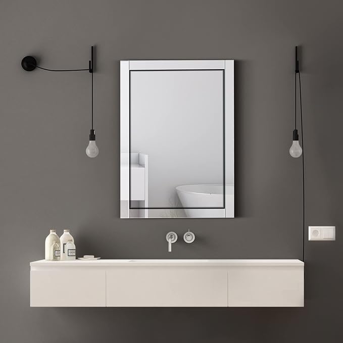 Syndra 24x 32 Rectangular Mirror for Bathroom, Bathroom Mirrors for Over Sink, Wall Mounted Vanity Mirror with Tempered Glass, Rust-Resistant Solid Wood Frame for Bathroom, Bedroom, Living Room