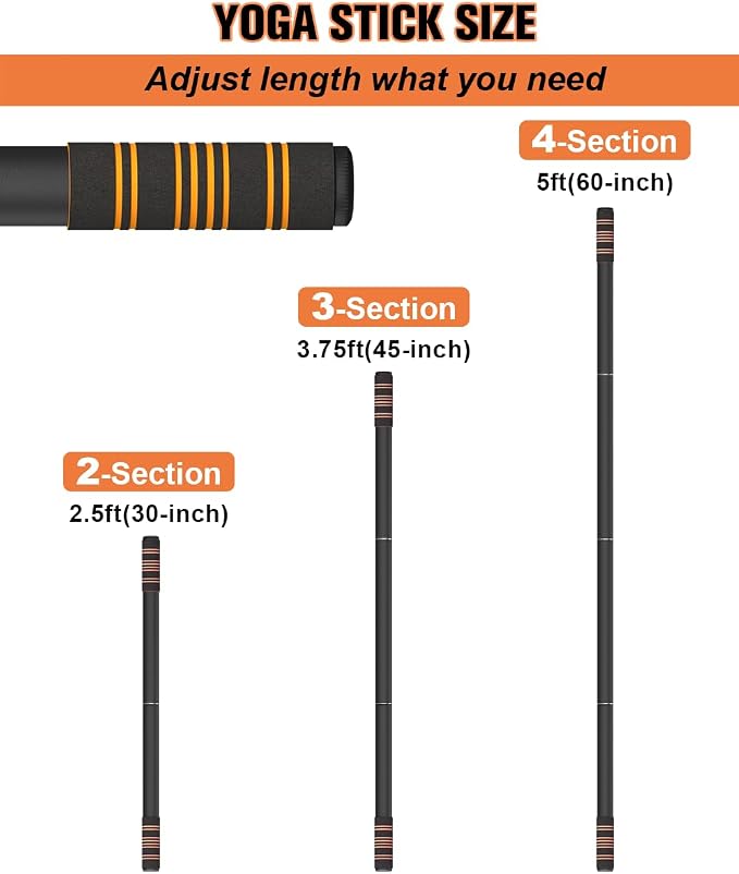 Queension 5ft Yoga Stick Adjustable Stretching Bar for Mobility & Balance | Heavy-Duty Steel Multi-Functional Fitness Pole with 4 Steel Rods & Comfort Foam Grips