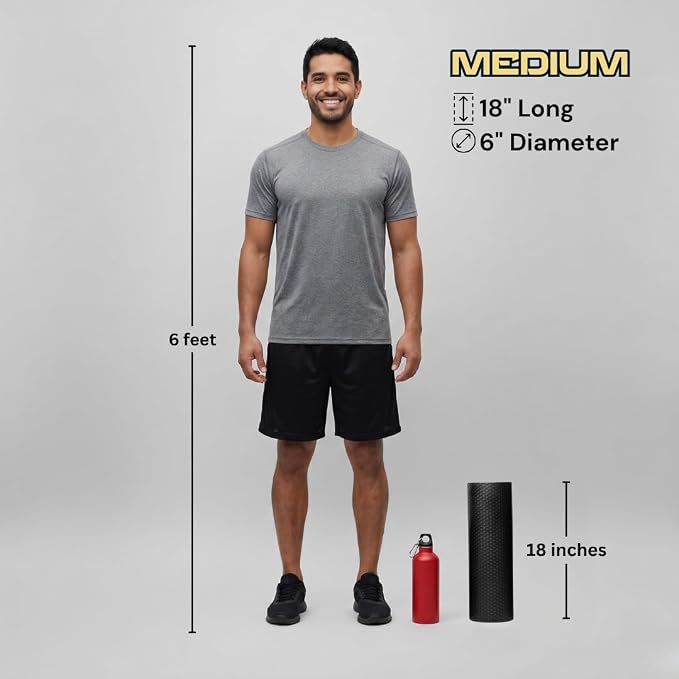 Foam Roller for Muscle Massage, Stiff Back Pain Relief, Physical Therapy, Deep Tissue, Exercise Equipment for Home Gym, Stress, Yoga, Pilates for the fit Citizen (Black, Medium 18 x 6 Inches)