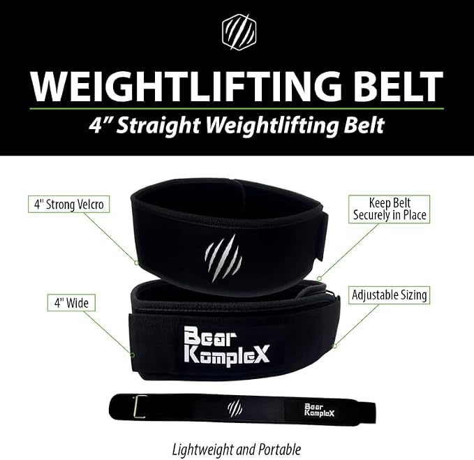 Bear KompleX 4" Straight Weightlifting Belt for at-Home Powerlifting, Squats, Weight Training and More. Low Profile with Super Firm Back for Maximum Stability & Exceptional Comfort