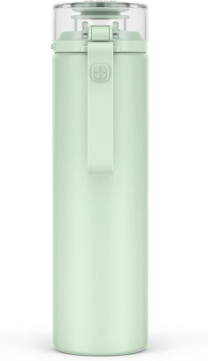 Ello Syndicate 20oz Glass Water Bottle with Flip Lid and Sleeve, Sage | Glass water bottle for iced drinks with leakproof flip lid, silicone sleeve, carry loop, BPA-free, and dishwasher safe