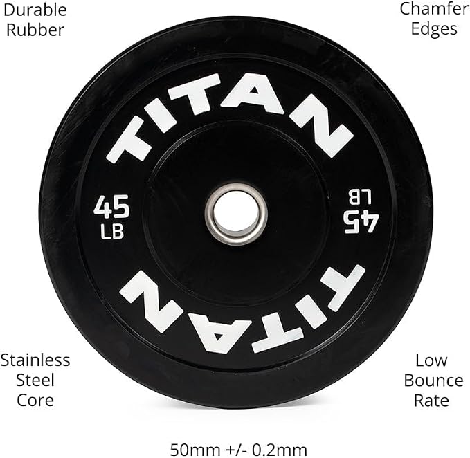 Titan Fitness Economy Series Black Olympic Bumper Plates, Durable Rubber Exterior with Steel Core, Weightlifting and Strength Training Weight Plate