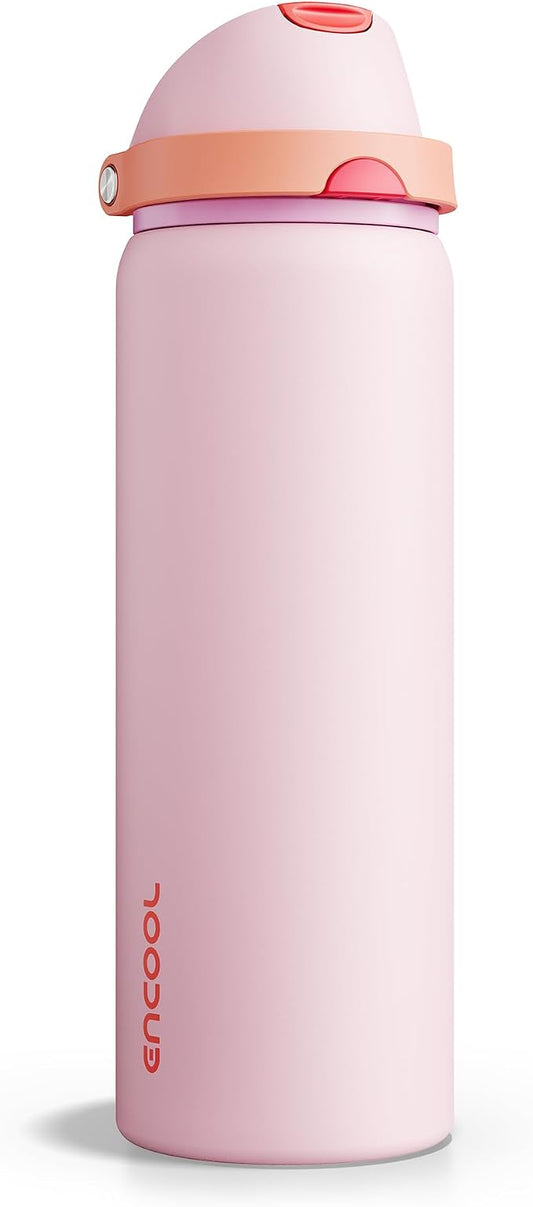Insulated Water Bottle with Straw - Encool Stainless Steel Water Bottle with Push Button Lid, Leak-Proof & BPA-Free, Keeps Cold for 24 Hours for Sports, Travel, Gym (32 oz, Lily-Red)