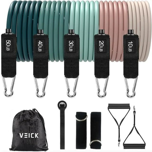 VEICK 10-150LBS Resistance Bands with Handles, Ankle Straps, Door Anchor | Accredited Lab Certified, 100% Natural Latex, Versatile for Yoga, Pilates, Strength, Home Gym