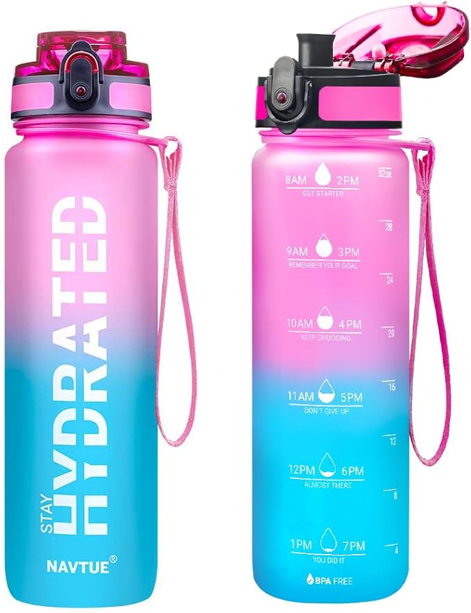 Water Bottle 32 oz Motivational Time Marker Tritan Bottle | BPA-free Tritan water bottle with time marker leakproof Lightweight portable Easy Clean Brush for Gym, Travel, School, Office