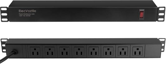 8 Outlet Rack Mount PDU Power Strip, 1020J Surge Protection | 15A Overload Switch, Fits 19'' Network Server Rack, 6ft 14AWG Cord, 1U RackMount, Rear Plug
