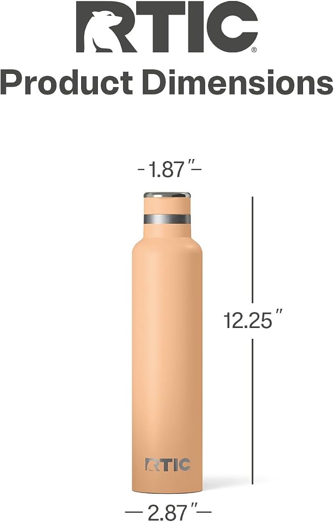 RTIC 26oz Journey Water Bottle Ceramic Lined Metal Stainless Steel Vacuum Insulated, BPA Free, Reusable, for Water, Hot and Cold Drinks, Travel, Sports, Camping, Peach Tea