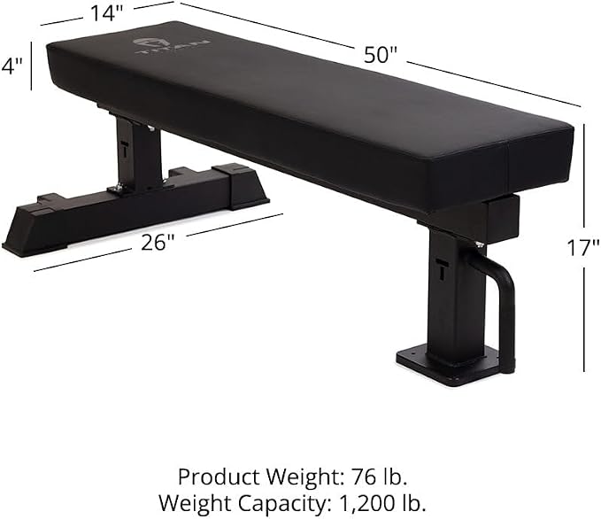 Titan Fitness TITAN Series Single Post Flat Bench, Rated 1,200 LB, 4" Thick HeftyGrip Vinyl Pad, Dedicated Home Gym Competition Weightlifting & Strength Training Utility Bench