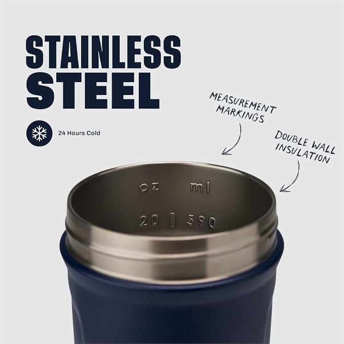 BlenderBottle Strada Shaker Cup Insulated Stainless Steel Water Bottle with Wire Whisk, 24-Ounce, Navy