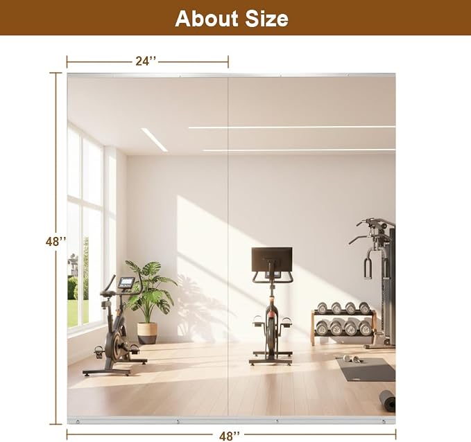 Home Gym Mirror (2 Pack), 48 x 24 Inch Large Full Body Frameless Wall Mounted Mirror, Tempered Glass Workout Mirror for Home Gym, Yoga Studio, Dance Room, Garage, Bedroom – Silver