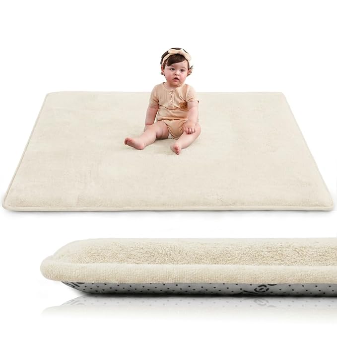 Baby Play Mat for Floor,1.3" Thick Foam 47"×47" Playpen Mat for Tummy Time,Non-Toxic Certified Water Repellent Soft Coral Velvet for Toddler,Infant,Kids,Non-Slip Backing Safe for Crawling (Cream)