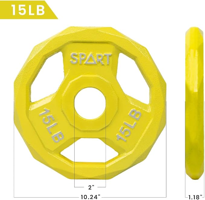 SPART Color Coded Weight Plate 2-Inch Cast Iron Tri-Grip Plate for Barbell,Solid Cast Iron Olympic Weight Plates for Strength Training, Weightlifting, Crossfit, 2.5/5/10/15/25/35/45LB, Single/Pair/Set