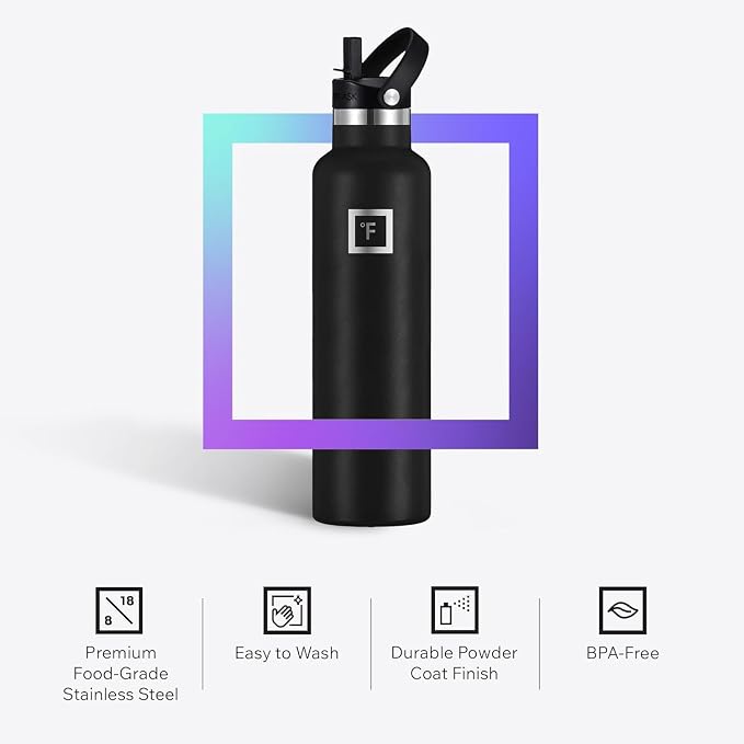 IRON °FLASK 24 oz Narrow Mouth Water Bottle with Straw | Insulated Stainless Steel Sports Water Bottle with Leakproof Straw Lid - BPA Free, Cold 24 Hrs, Sweat Free (Midnight Black)