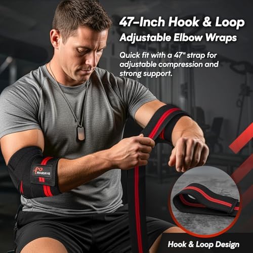 Elbow Wraps for Weightlifting, 47" Adjustable Compression Elbow Straps | Elbow Brace for Joint Support (1 Pair),Elbow Sleeves Weightlifting Men Women for Bench Press Powerlifting &Fitness Training