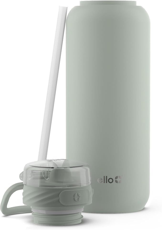 Ello Cooper 32oz Insulated Stainless Steel Water Bottle with Straw, Sage | Leakproof water bottle with straw and carry handle. BPA-free, keeps drinks cold 32 hours, great for gym, travel, and school.
