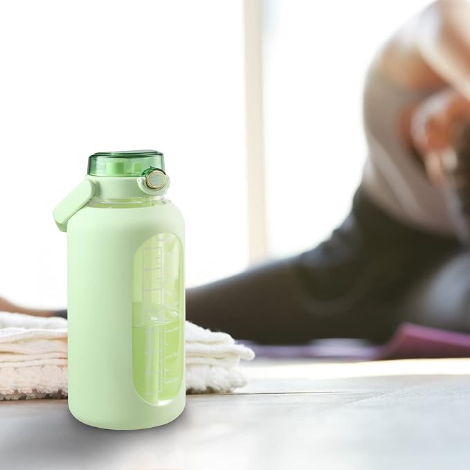 74 oz Glass Water Bottle with 2-in-1 Straw Lid Large Gallon Water Bottle with Time Marker & Removable Silicone Sleeve,Wide Mouth BPA-Free Borosilicate Bottle for Gym, Workout & Daily Use